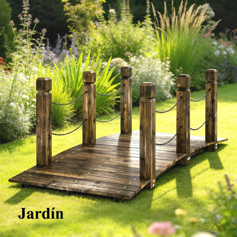 Outsunny Puente de Jardín de Madera 1,51 m Puente Decorativo para Estanques Rústico con Barandillas de Seguridad Carbonizado