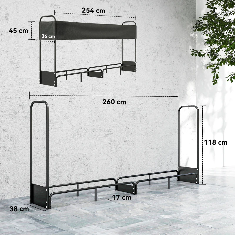 Outsunny Range bûches extérieur, abri bois de chauffage couverture imperméable 600D Oxford charge 500 kg 260 x 38 x 118 cm noir