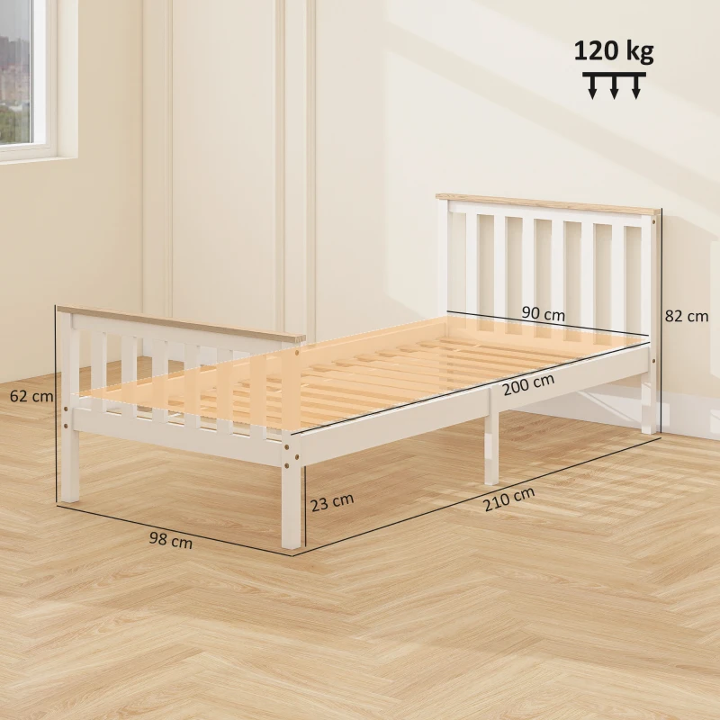 HOMCOM Eenpersoons-bedframe, houten bedframe, opbergruimte onder, natuurhout, wit
