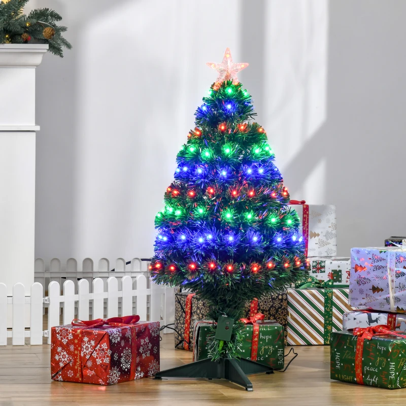 HOMCOM Albero di Natale Artificiale 90cm in Plastica con 90 Luci LED e Fibre Ottiche, 90 Rami e Base Pieghevole, Verde