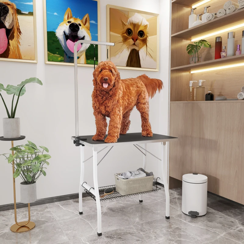 PawHut Hondentrimtafel met verstelbare arm, opbergvak, antislip rubberen oppervlak, 90 x 60 x 76 cm, Zwart