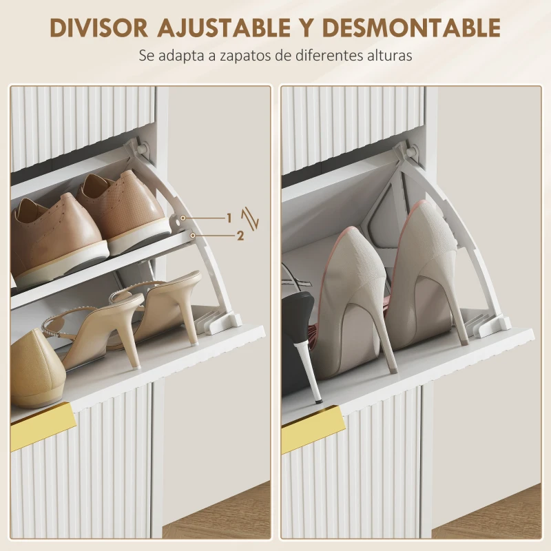 HOMCOM Zapatero Estrecho con 3 Puertas Acanaladas con Estantes Ajustables para 18 Pares de Zapatos 60x24x122,5 cm Blanco