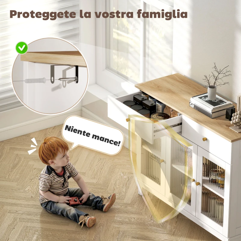 HOMCOM Credenza Cucina con 2 Cassetti e 2 Armadietti con Ante in Vetro, in Legno, 100x35x80.3 cm, Bianco e Rovere