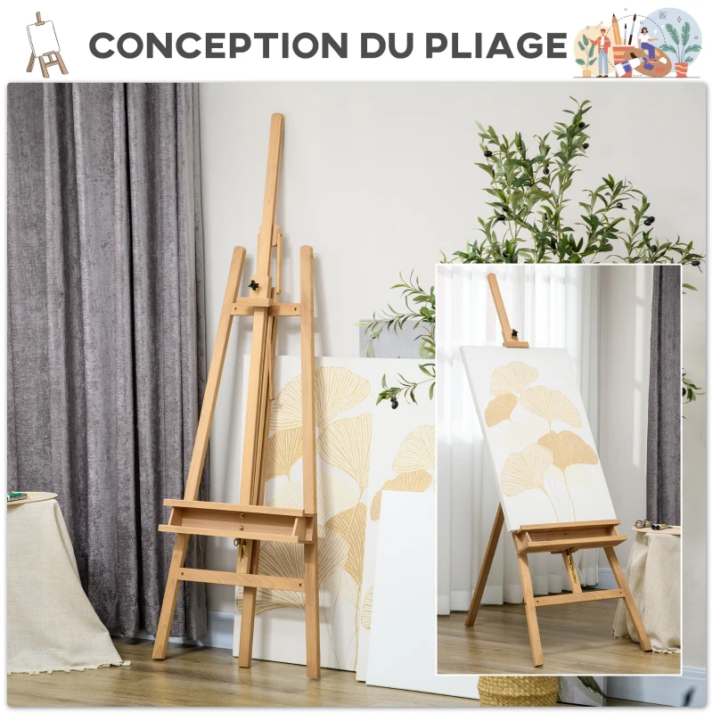 Vinsetto Chevalet de peinture pliant en hêtre avec hauteur et angle réglables, 65x110x180-235 cm, bois naturel
