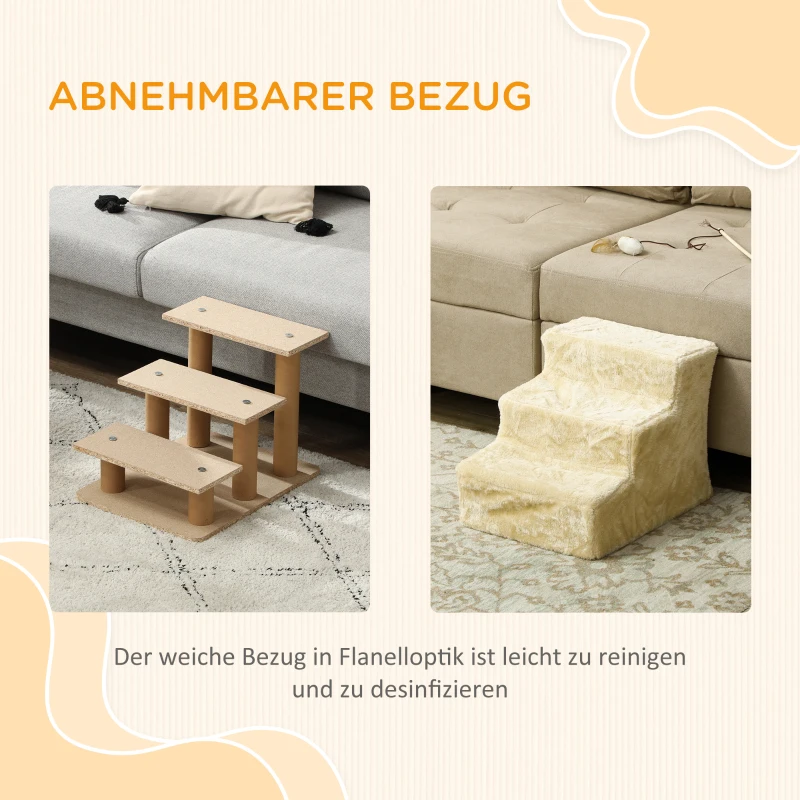 PawHut Opvouwbare huisdierentrap, 3 treden, wasbare pluche hoes, Spaanplaat, 46 x 35 x 35 cm, Beige