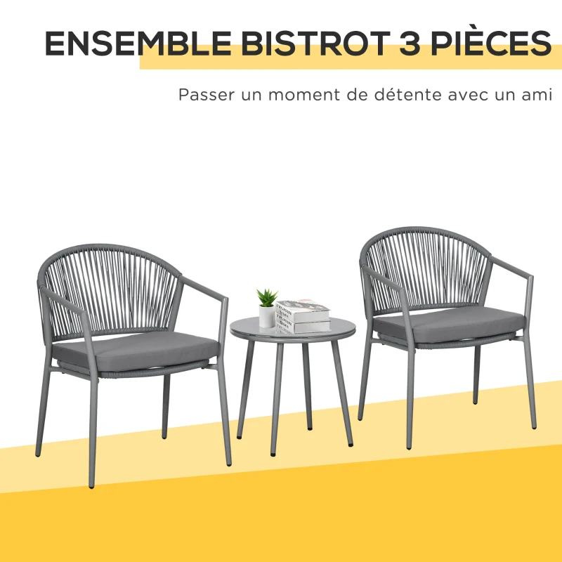 Outsunny Salon de jardin bistrot 3 pièces cadre en acier 2 fauteuils 1 table basse plateau en verre trempé coussins inclus gris