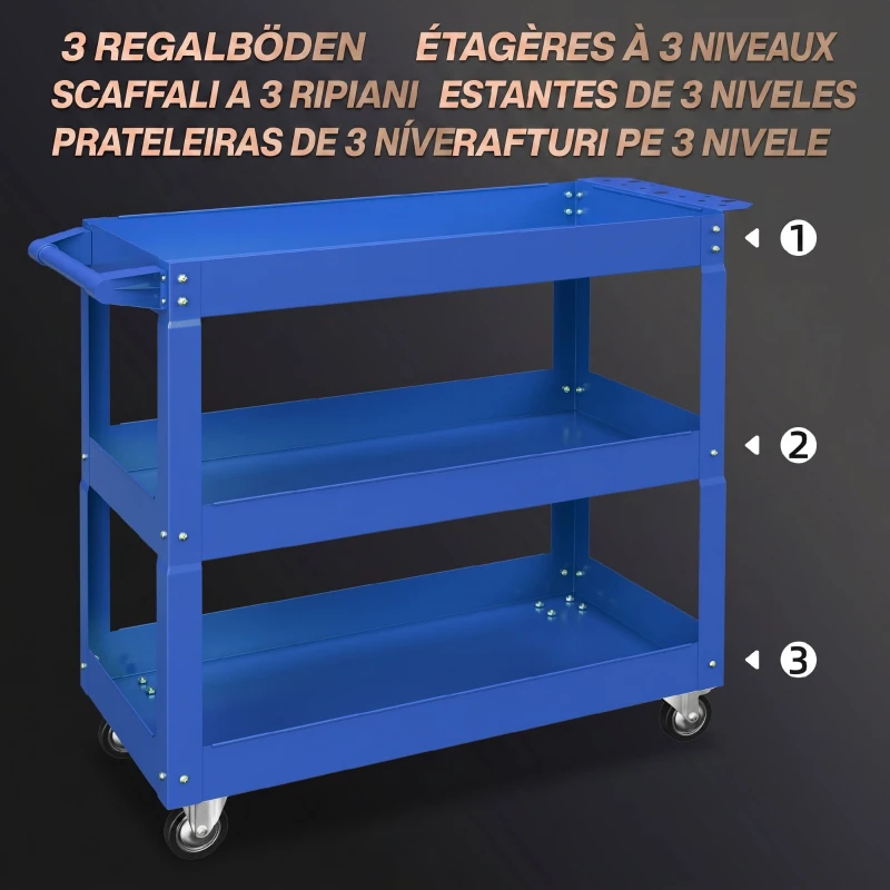 DURHAND Cărucior pentru Scule cu 3 Niveluri din Oțel cu Margini Înalte și 4 Roți Pivotante, 83 x 35.3 x 76 cm, Albastru