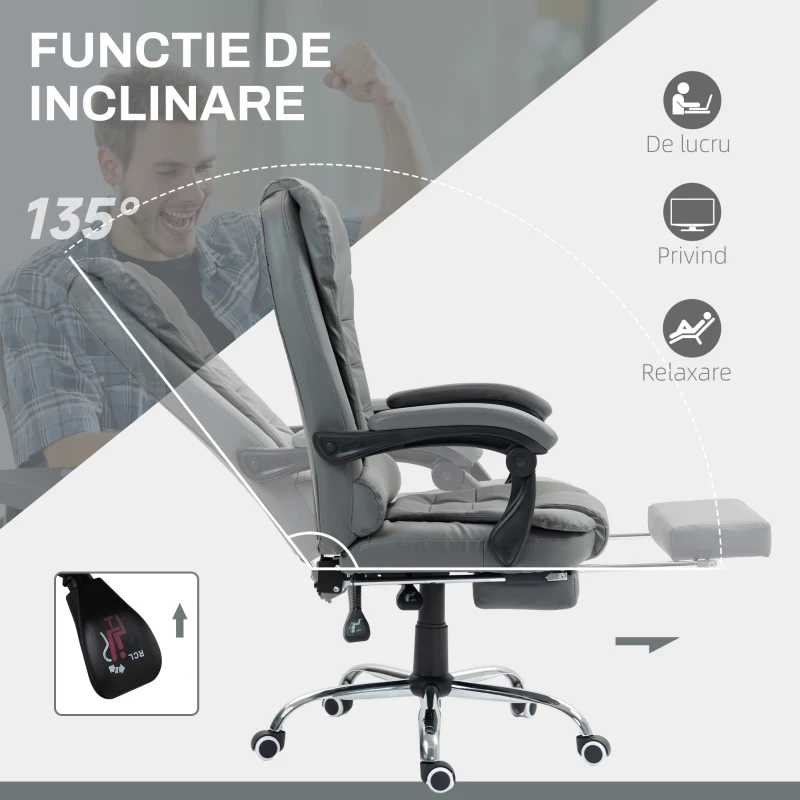 HOMCOM Scaun de birou ergonomic rabatabil la 145° cu suport pentru picioare extensibil din piele ecologică, gri