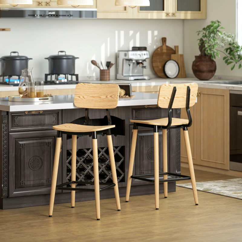 HOMCOM Set van 2 Barstoelen met Rugleuning, Voor Huisbar, Keukeneiland, Eetkamer, Hout, Metaal, Lichtbruin