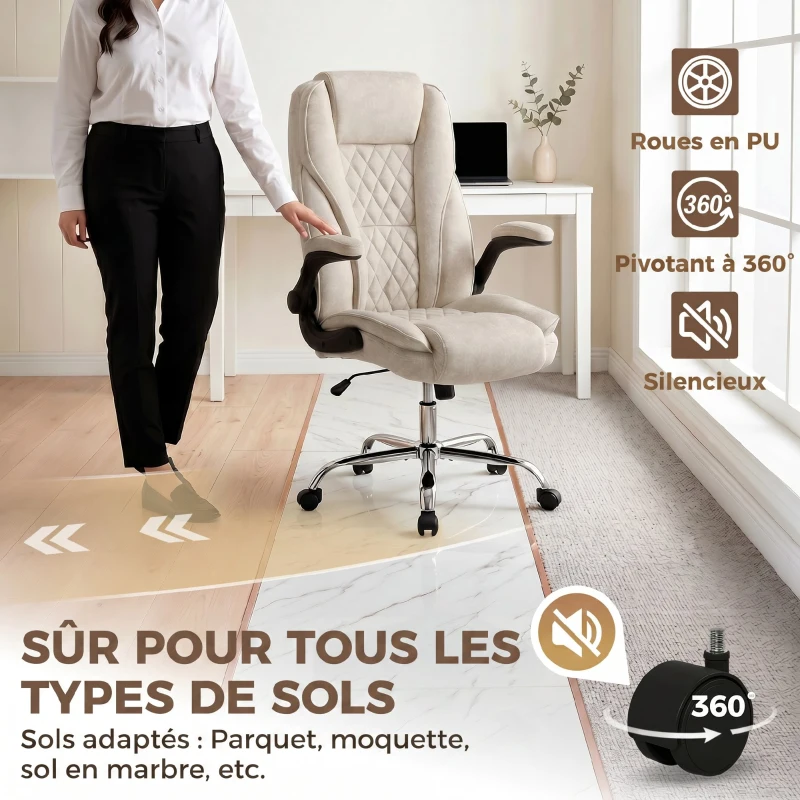 HOMCOM Fauteuil de bureau, chaise bureau ergonomique, hauteur réglable, accoudoirs relevables, 70 x 70 x 114-122 cm, beige