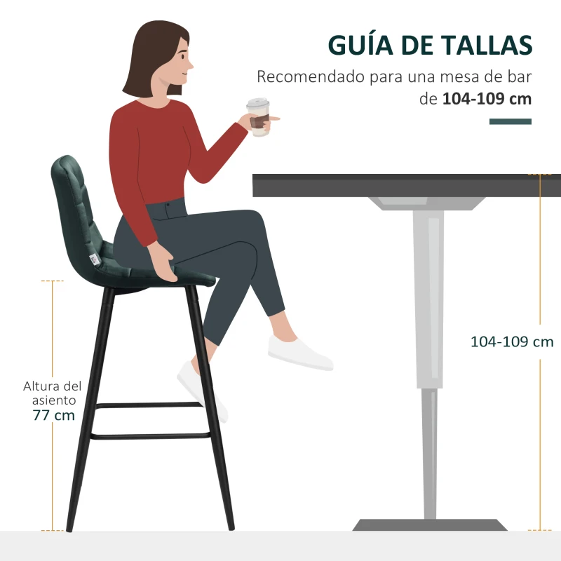 HOMCOM Juego de 2 Taburetes Altos de Cocina Taburetes de Bar Tapizados en Terciopelo con Reposapiés y Respaldo Verde