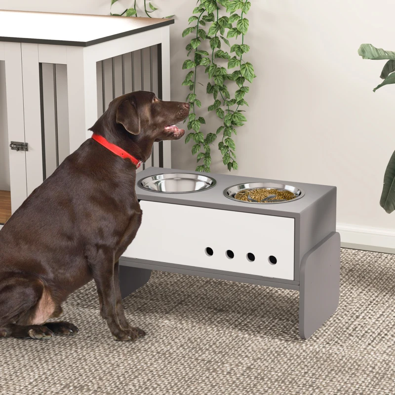 PawHut 3 Height Adjustable Raised Dog Bowls, Dog Feeding Storage Station w/ Slow Feeder Mat, 2 Stainless Steel Bowls