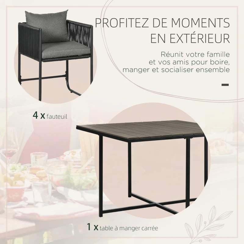 Outsunny Salon de jardin ensemble 5 pièces avec 1 table et 4 fauteuils 8 coussins table en composite plateau aspect bois noir