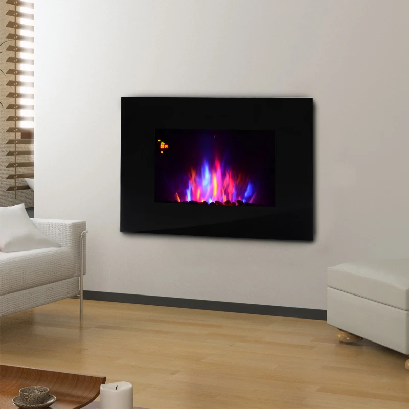 HOMCOM Chimenea Eléctrica de Pared Calefactor Estufa Eléctrica 1000/2000W Temporizador Termostato Auto-Control Llama LED 7 Color Mando a Distancia 90x9,5x56 cm
