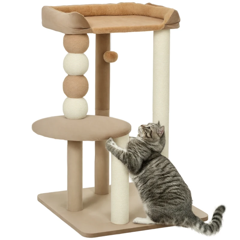 PawHut Krabpaal met 2 niveaus, speelbal, krabpalen, krabballen, geschikt tot 7 kg, 56 x 54 x 86 cm, Bruin