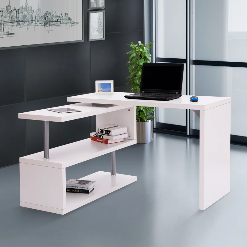 HOMCOM Bureau informatique table informatique table de salle à manger modulable avec bibliothèque adjacente design contemporain mélaminé métal chromé blanc(m-10)