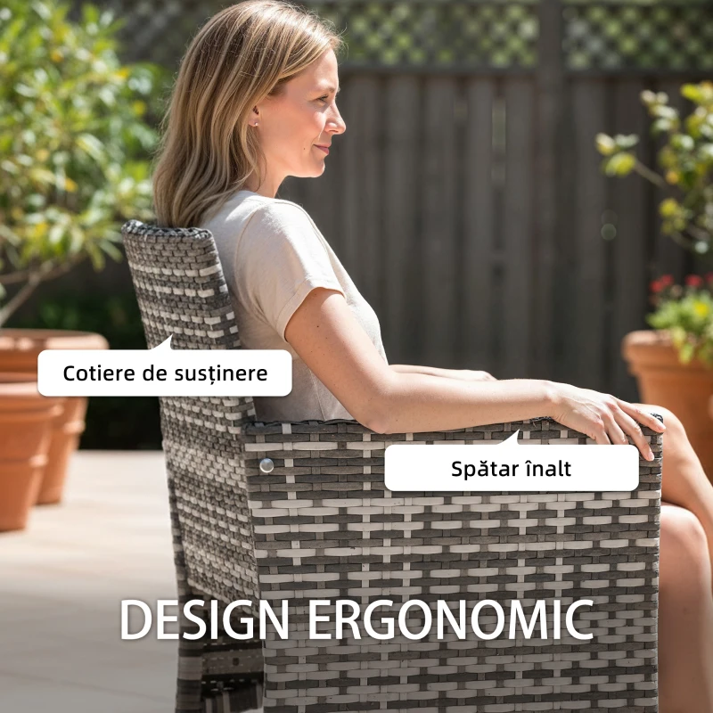Outsunny Set de 2 Scaune de Grădină din Ratan, Scaune de Exterior cu Perne, Cotiere și Spătar Înalt, Cadru din Oțel pentru Verandă, Balcon, Lângă Piscină și Grădină, Gri