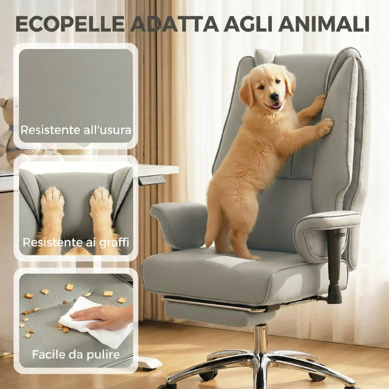 HOMCOM Sedia da Ufficio Ergonomica Reclinabile con Poggiapiedi, Schienale Alto, Altezza Regolabile, Grigio Chiaro