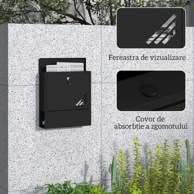 HOMCOM Cutie Poștală de Perete din Metal cu Fereastră și Serratura, 30x8.5x32.5 cm, Gri Carbon
