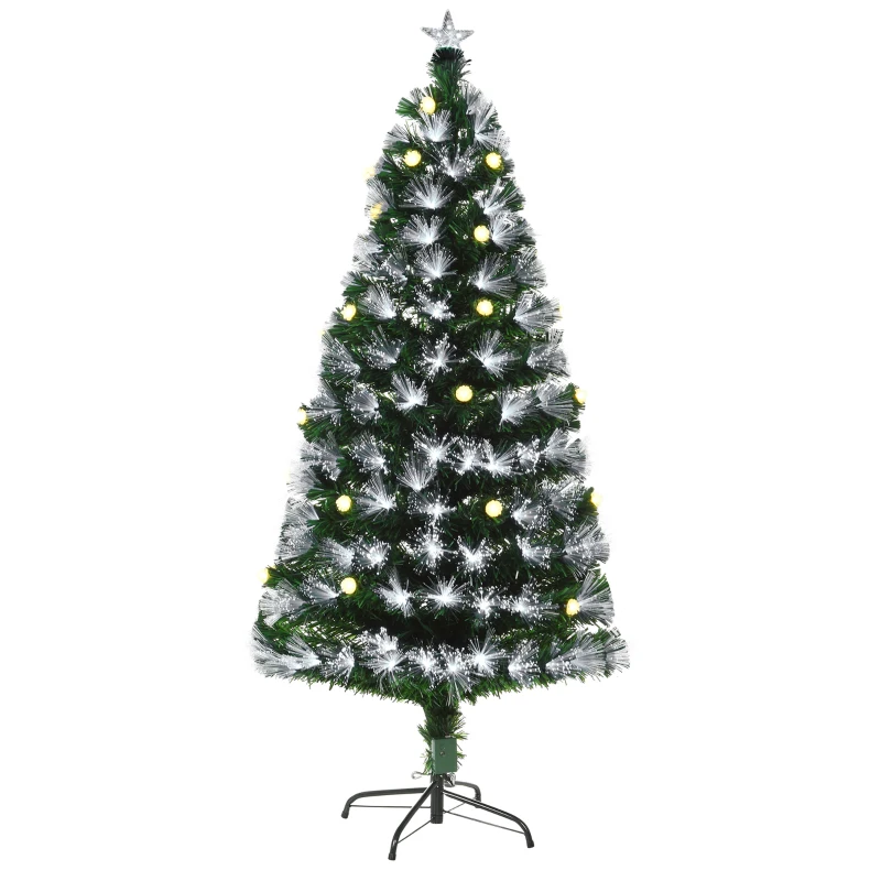 HOMCOM Albero di Natale Artificiale 150cm con Luci Incorporate e 180 Rami, Albero di Natale con Luci a LED e Fibre Ottiche, Base Pieghevole Rimovibile