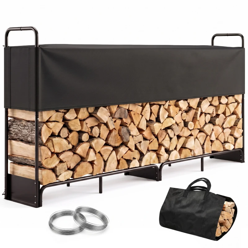 Outsunny Brennholzregal für Innen & Außen aus verzinktem Stahl mit Abdeckung und Tasche aus Oxford 600D, Tragfähigkeit 500 kg, Schwarz