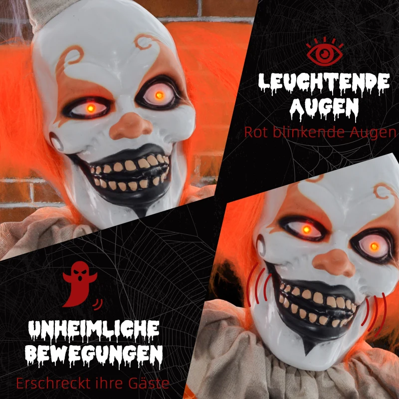 HOMCOM Halloween Decoratie Clown, Flexibele Armen, Geactiveerd door Aanraking/Geluiden, Lichtgevende Ogen