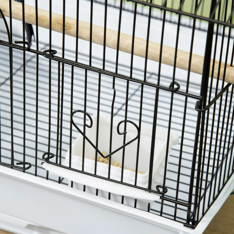PawHut Gaiola para Pássaros de Aço com Bandeja Removível e 2 Comedouros, Periquitos e Pintassilgos 50,5x41x63 cm Branco