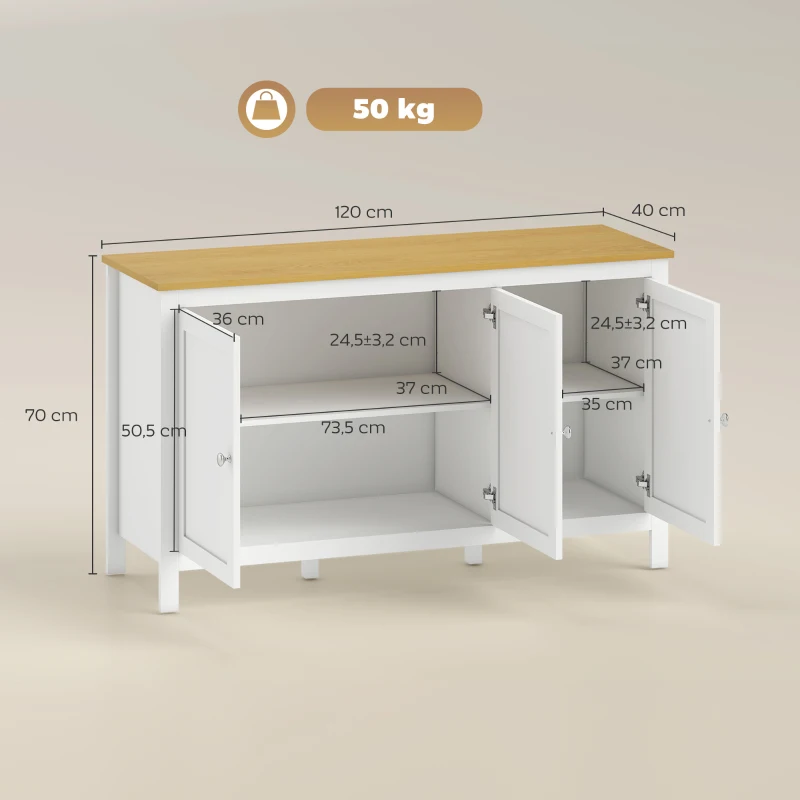 HOMCOM Mobile Contenitore con 2 Armadietti a 2 Ripiani Regolabili su 3 Altezze, 120x40x70 cm, Bianco e color Legno