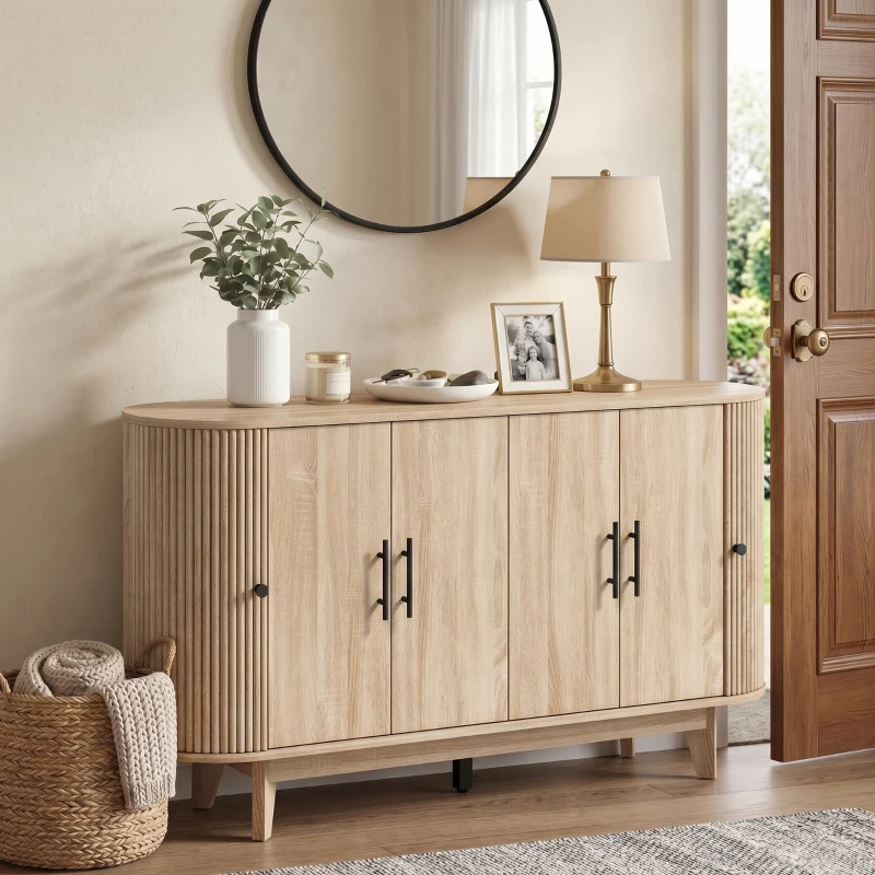HOMCOM Buffet salon, meuble de rangement ovale avec 6 portes et 2 étagères réglables, 147x40x76cm, chêne
