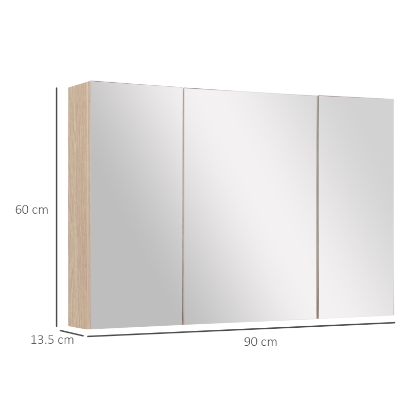 kleankin Specchio Bagno Contenitore con 3 Ante a Specchio Soft Close, Specchiera Bagno con Ripiani Regolabili in Legno e Vetro, 90x13.5x60 cm, Color Legno