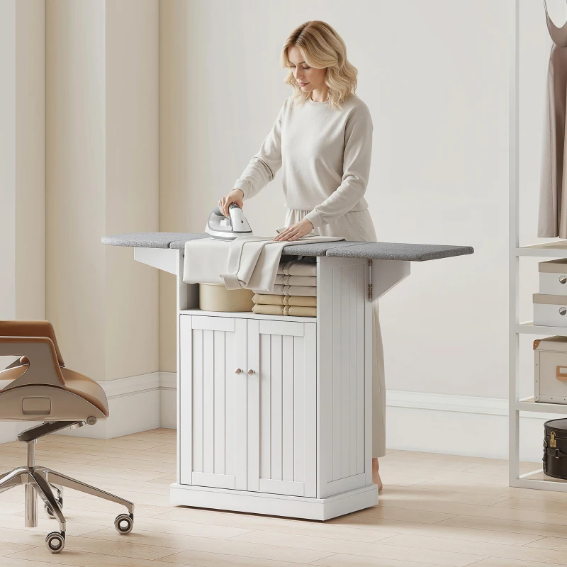 HOMCOM Ironing Board Cabinet on Wheels with Foldable Top, Mobile Storage Cabinet with Ironing Board, Open Compartment, White