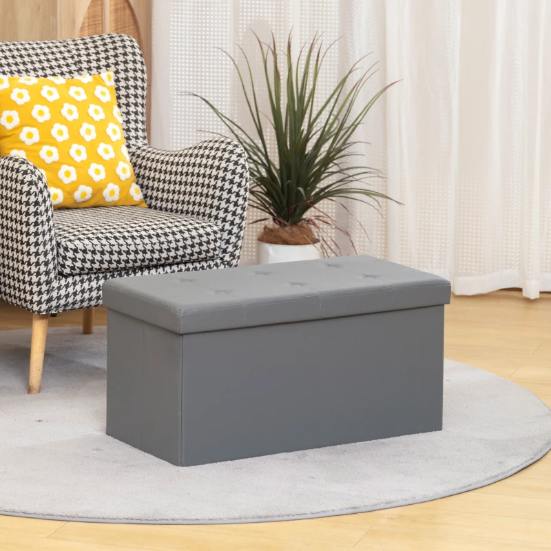 HOMCOM End of Bed Bench, Storage Ottoman Bench, 89L PU Leather Folding Foot Rest Stool, Grey