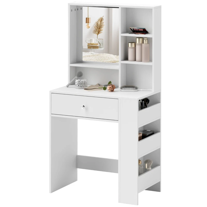 HOMCOM Kaptafel met Spiegel, Lade, 3-traps Zijopslag, Spaanplaat, Wit(m-11)