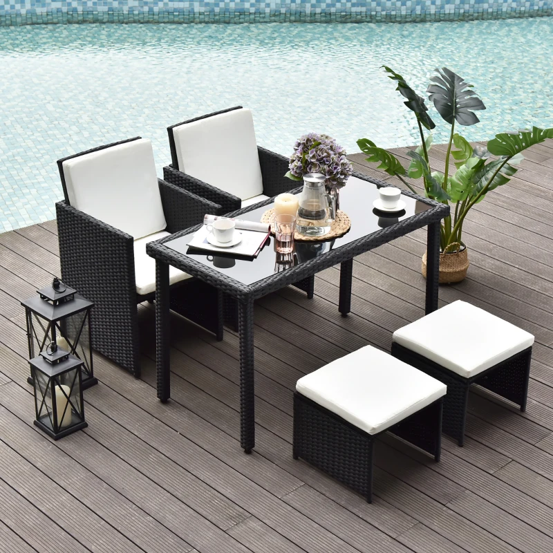 Outsunny Ensemble salon de jardin encastrable 2 fauteuils monoblocs + 2 tabourets + table basse résine tressée 4 fils coussins déhoussables crème noir