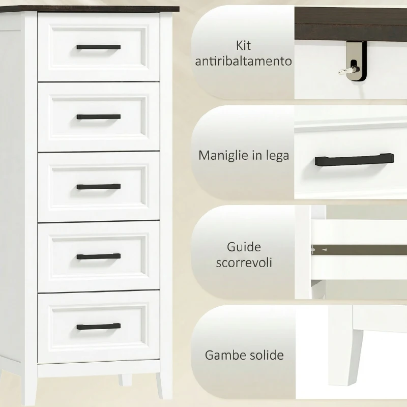 HOMCOM Cassettiera con 5 Cassetti, Mobile Alto per Camera da Letto e Soggiorno