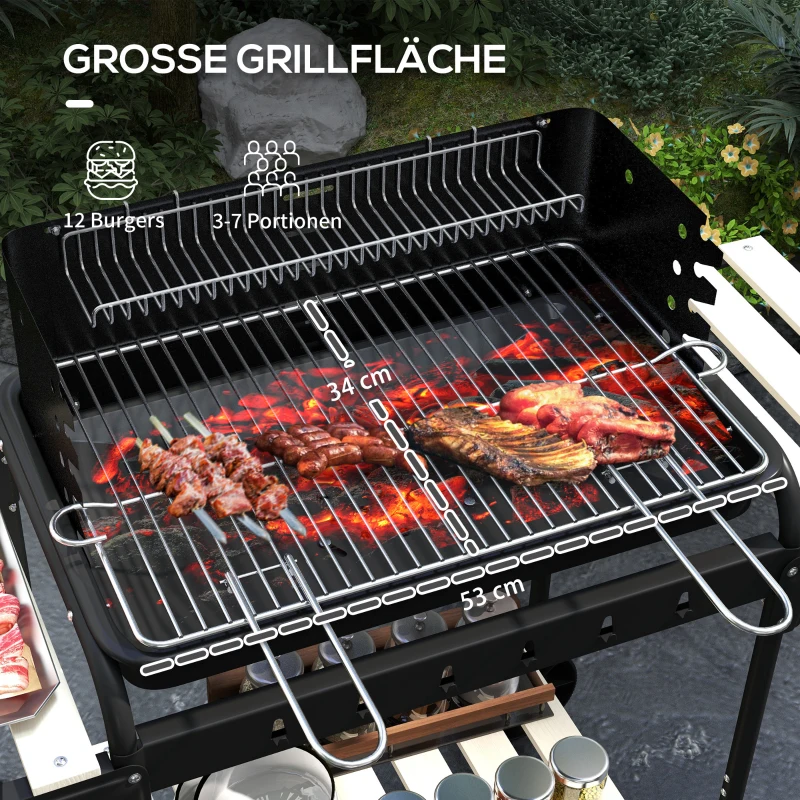 Outsunny Metalen Houtskoolgrill BBQ Smoker met Wielen, Verstelbaar Grillrooster, Houten Plank 103x47x95 cm Zwart
