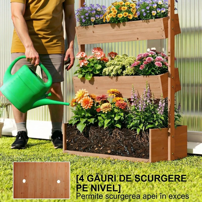 Outsunny Jardinieră Verticală din Lemn cu 4 Niveluri, 85x45x140 cm, Naturală
