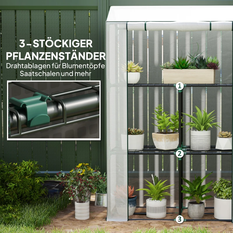 Outsunny Kas met 3-laags Schap, UV-bestendige Plastic Afdekking, Roldeur, 100 x 40 x 150 cm, Wit