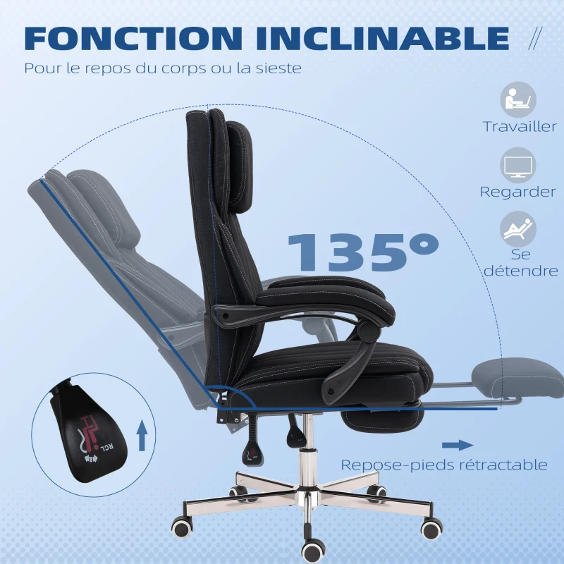 Vinsetto Chaise de bureau siège pivotant dossier inclinable hauteur réglable 65 x 61 x 105-113 cm noir