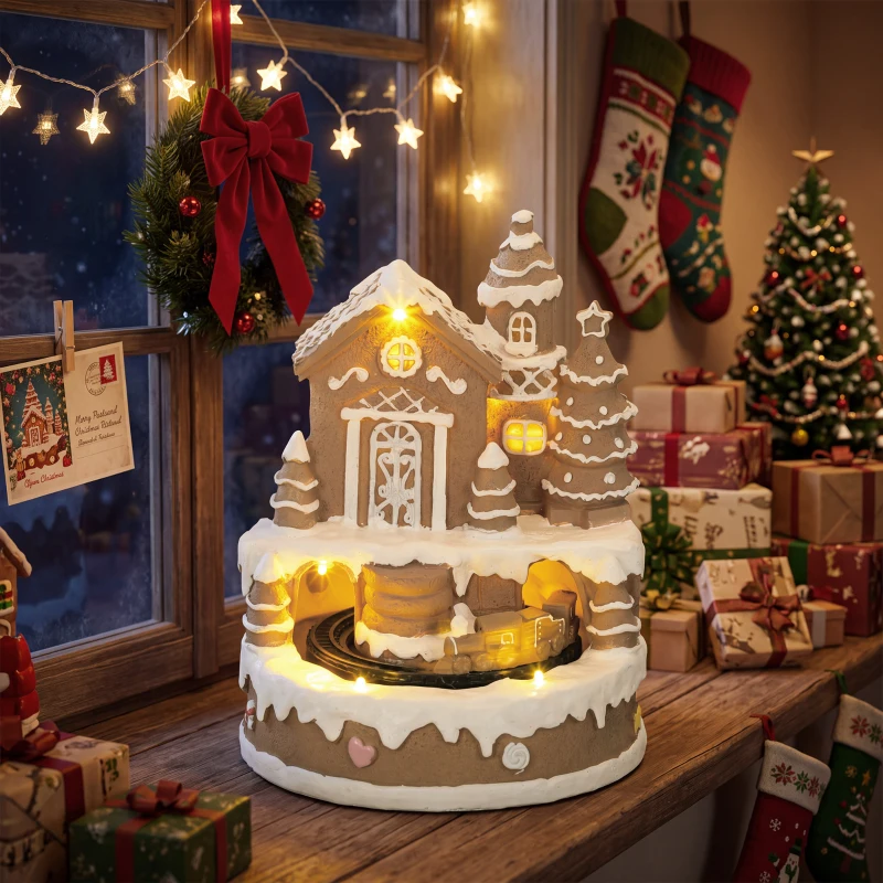 HOMCOM Christmas Gingerbread House, Lighted Musical Snow Village with Rotating Train, LEDs, Tunes, Battery Operated