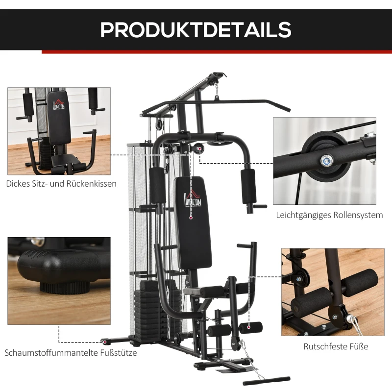 HOMCOM Gym Krachtstation Fitnessstation Multigym Fitnesscentrum Fitnessapparatuur incl. gewichten Latzug Beincurl Metaal PU-kunstleer zwart 150 x 110 x 210 cm(m-4)