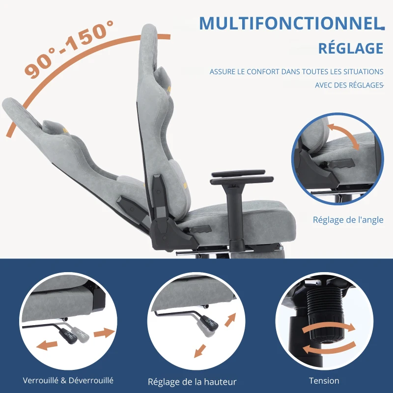 Fauteuil gamer ergonomique, entièrement rembourré, respirant, infroissable et durable, 70x70x131 cm, Gris