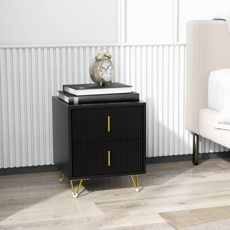 HOMCOM Table de chevet table de nuit avec 2 tiroirs style art déco - 40 x 40 x 47 cm - métal doré et noir
