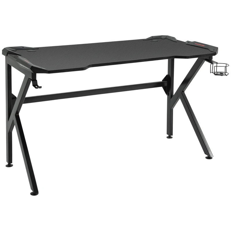 HOMCOM Bureau gaming bureau gamer bureau informatique support casque porte-gobelet passe-câbles inclus métal MDF texture fibre carbone 120 x 66 x 75 cm noir