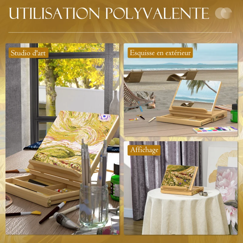 Vinsetto Chevalet de table en bois avec tiroir de rangement pour des toiles jusqu'à 24,5 cm pour adultes débutants bois naturel