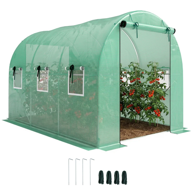 Outsunny Kas 3 x 2 x 2 m Foliekas met oprolbare 2 ritssluitingsdeuren & 6 gaasramen, steunstangen, groen
