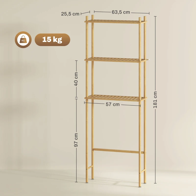 HOMCOM Mobile Sopra WC a 3 Ripiani a Doghe Salvaspazio in Bambù, 63.5x25.5x181 cm, color Legno