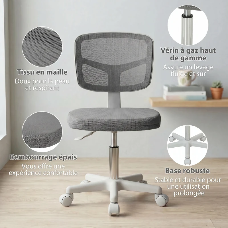Vinsetto Chaise de Bureau Ergonomique Sans Accoudoirs, Fauteuil de Bureau Pivotant, Dossier Courbé en Maille et Roulettes, Gris