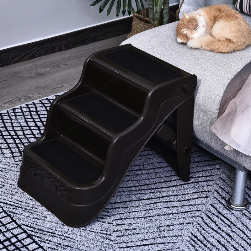 PawHut 3-steps Dog Stairs, Plastic Cat Ladder Lightweight, Pet Access Steps, for Bed, Sofa, Non-slip Stickers, Brown