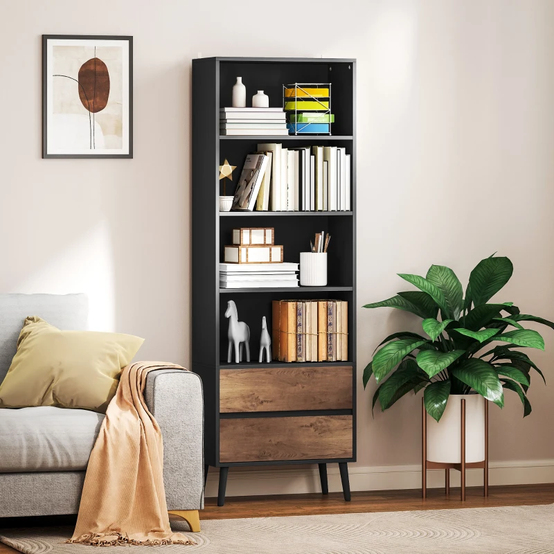 HOMCOM Bibliothèque meuble de rangement avec 4 compartiments ouverts et 2 tiroirs, 60 x 30 x 179 cm, gris